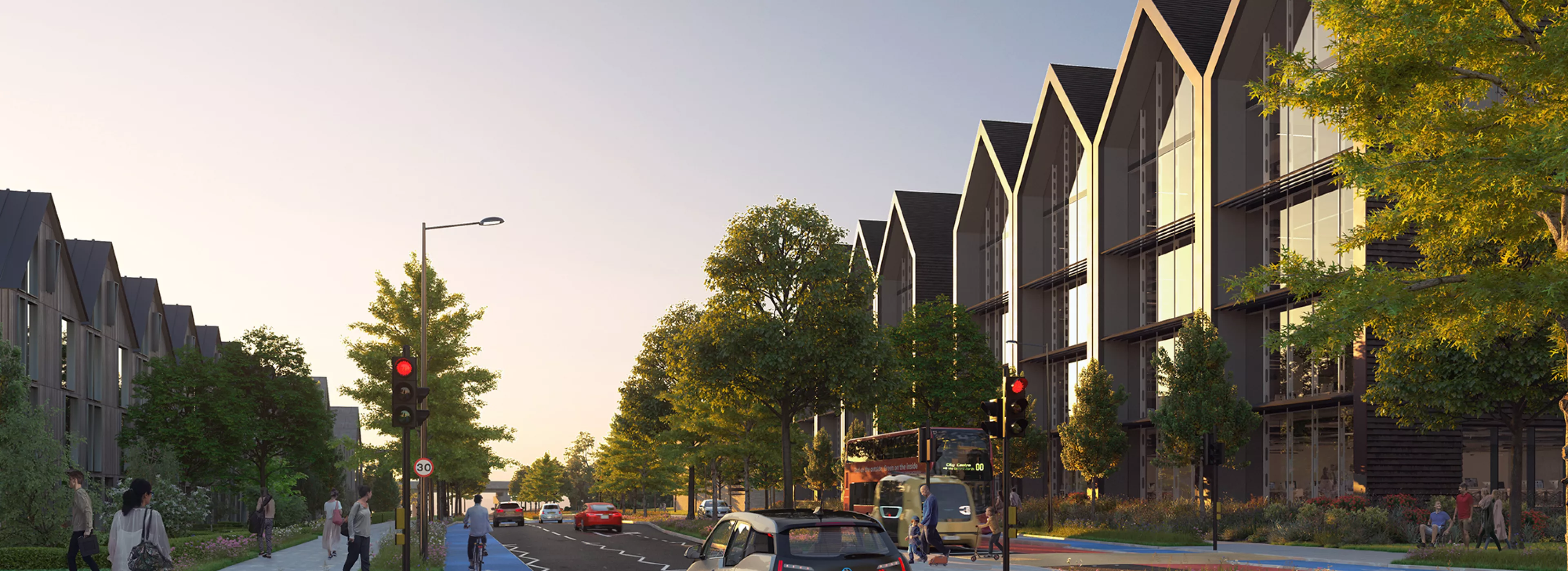 CGI Oxford North A40 transformed into tree-lined street with £30m road infrastructure investment into the walking, cycling, bus and highway network