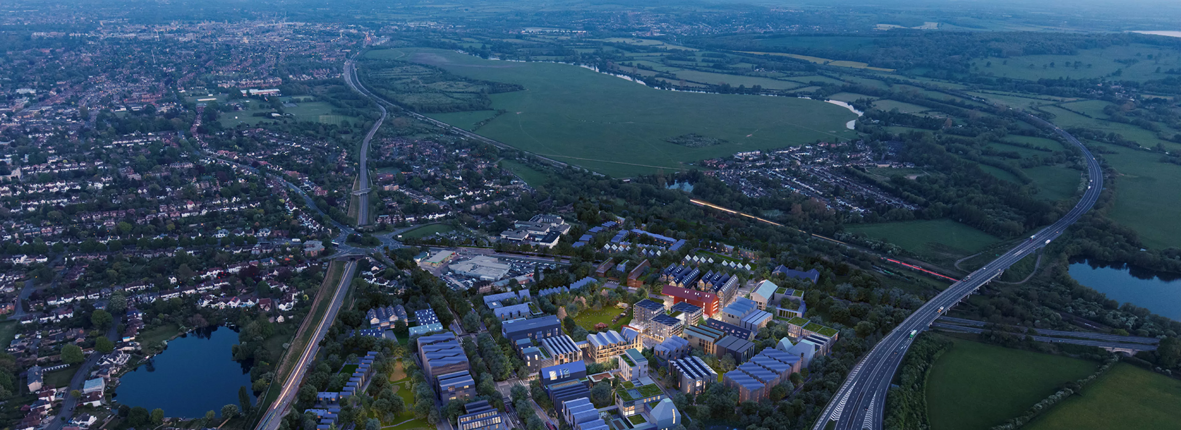 CGI Oxford North a thriving and vibrant sustainable business community - aerial at dusk