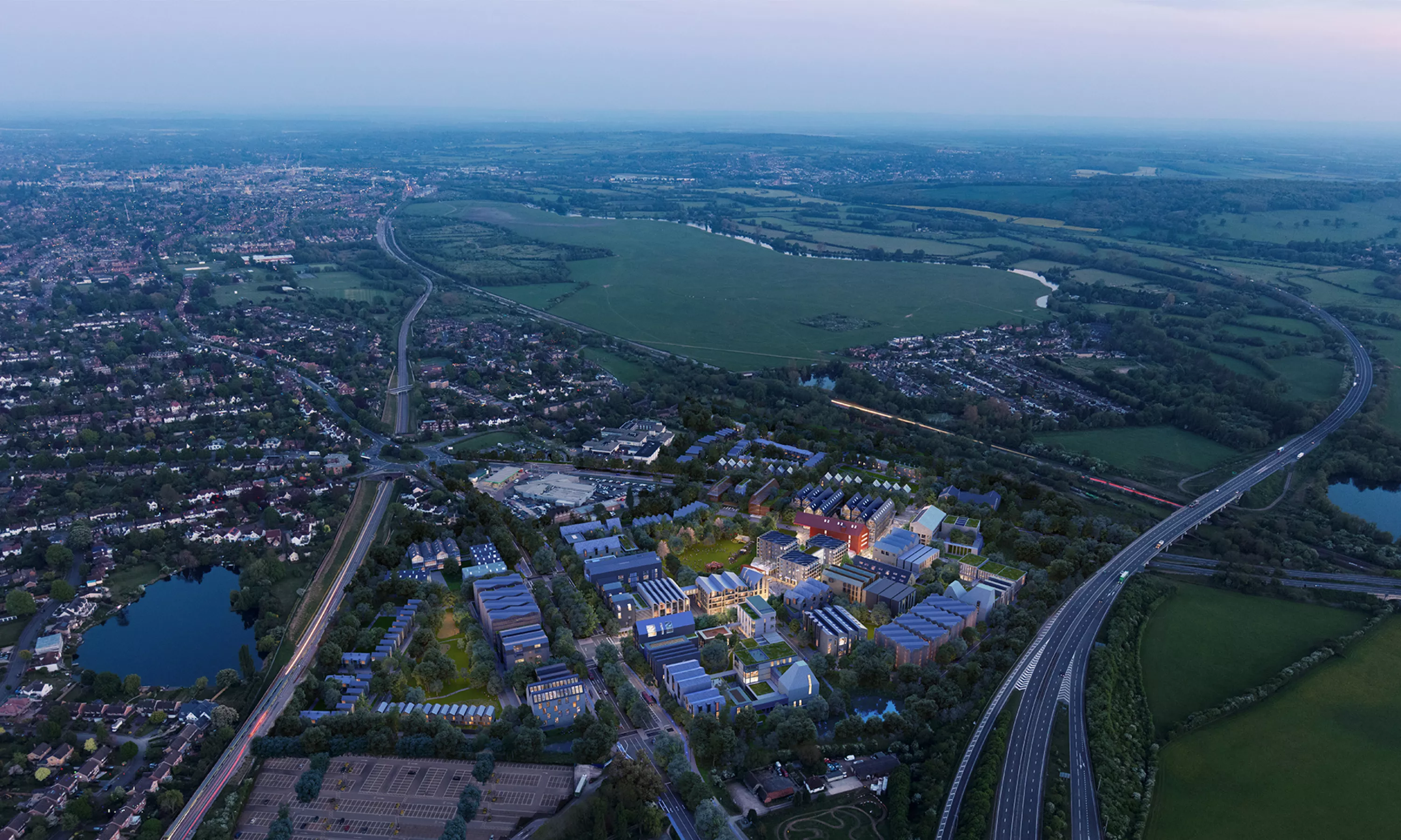 CGI Oxford North a thriving and vibrant sustainable business community - aerial at dusk